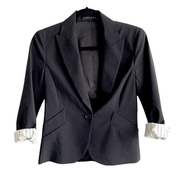 Theory Wool Stretch Cropped Boyfriend Blazer Black Pinstripe 2 - Picture 2 of 12
